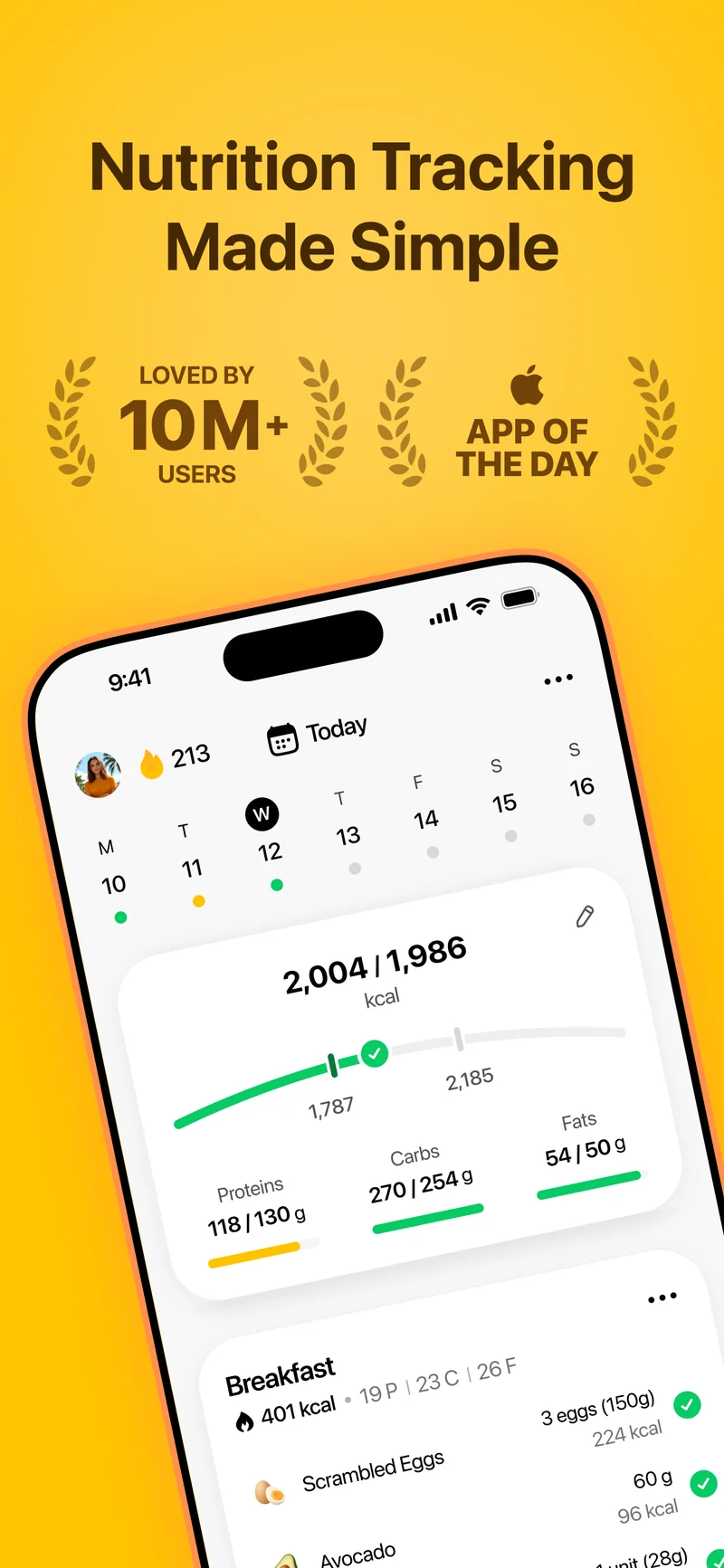 Fitia app main dashboard showing daily calorie and macronutrient tracking with 10M+ users badge and Apple App of the Day award