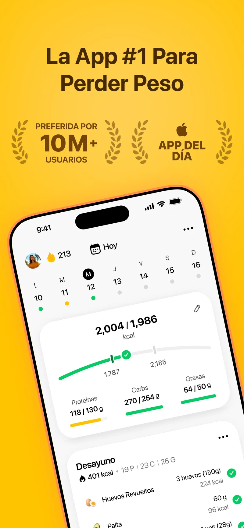 La app Fitia — la #1 para perder peso, preferida por más de 10M de usuarios, mostrando seguimiento diario de calorías y macronutrientes