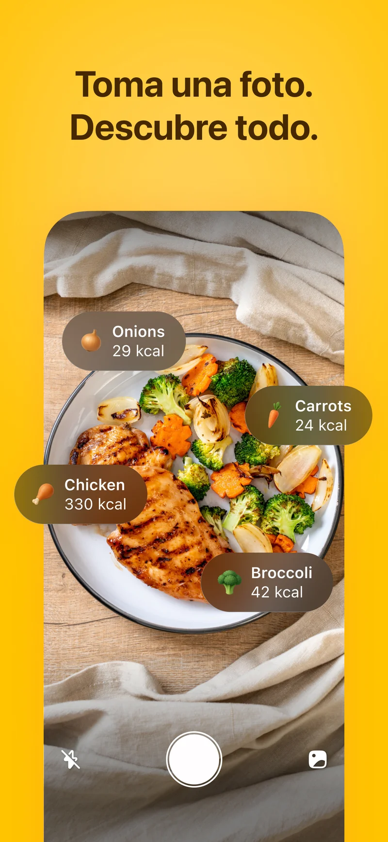 Toma una foto y descubre todo — Fitia identifica pollo, brócoli, zanahorias y cebollas con conteo de calorías instantáneo