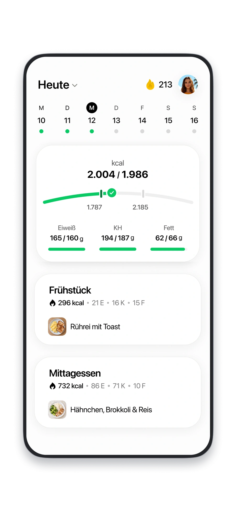 Fitia-Dashboard mit Kalorien, Makros und den Mahlzeiten des Tages