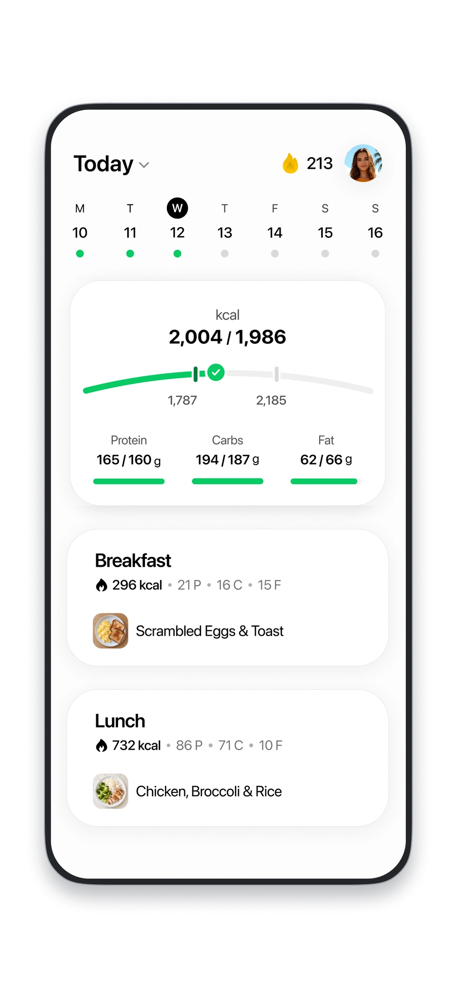 Fitia calorie and macro dashboard with daily meals