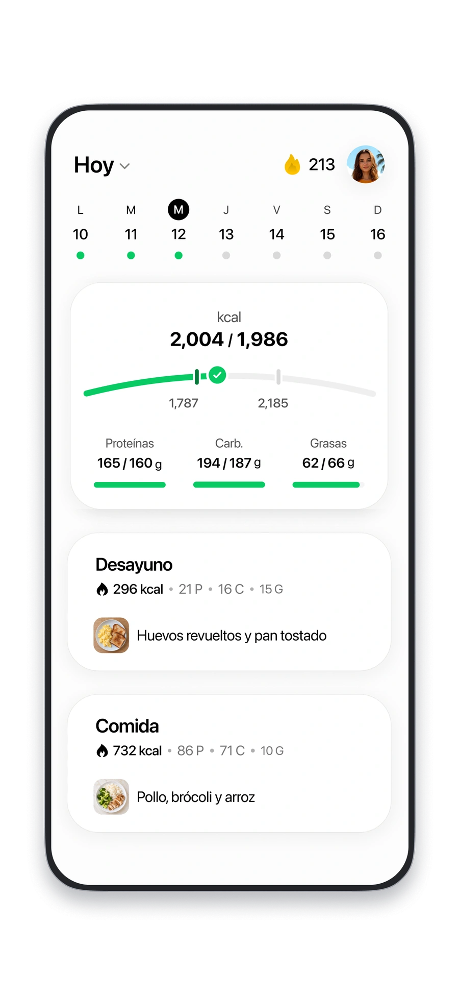 Panel de calorías y macros de Fitia con las comidas del día