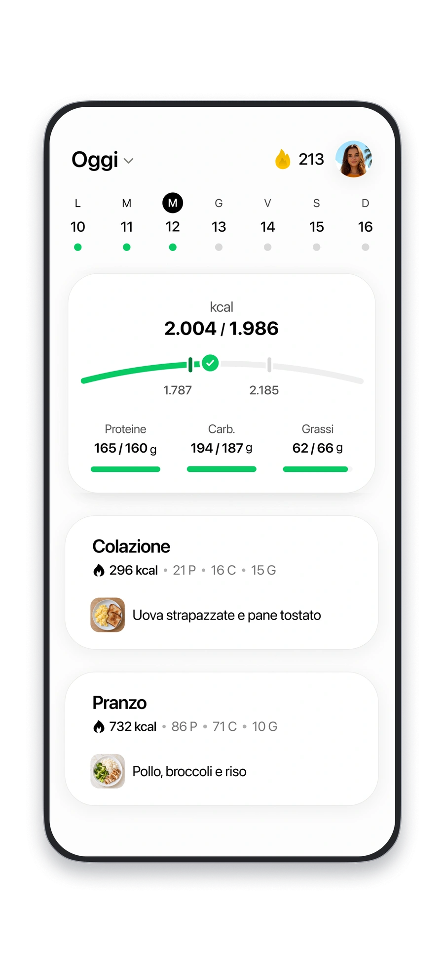 Dashboard di calorie e macro di Fitia con i pasti del giorno